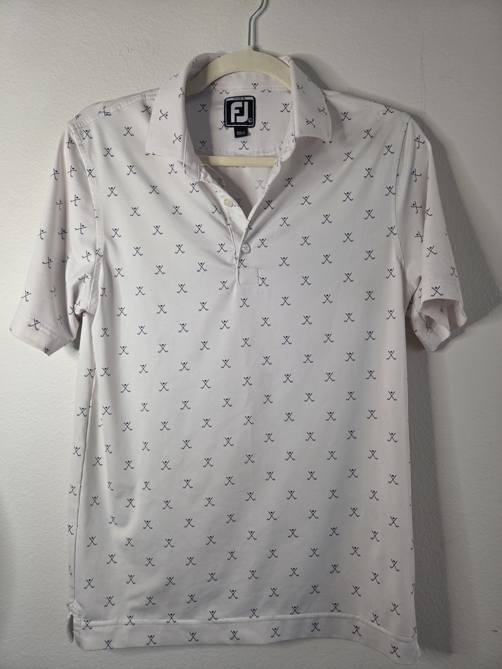 FootJoy Junior’s White Golf Polo with Navy Club Print